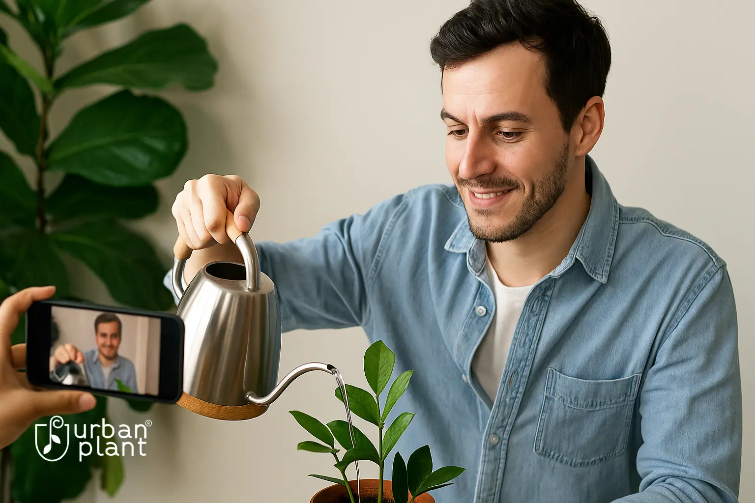 Urban Plant – A man watering houseplants while on a video call